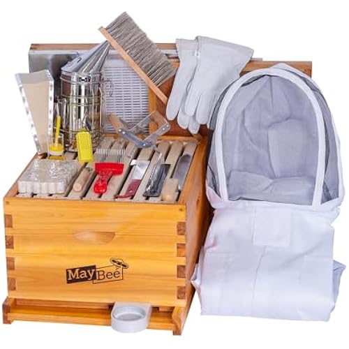 MayBee 10-Frame Beehive Starter Kit, Bee Hive Kit Dipped in Beeswax, Bee Hives Boxes Starter Kit Includes Beekeeping Supplies Tool Kit and Bee Suit