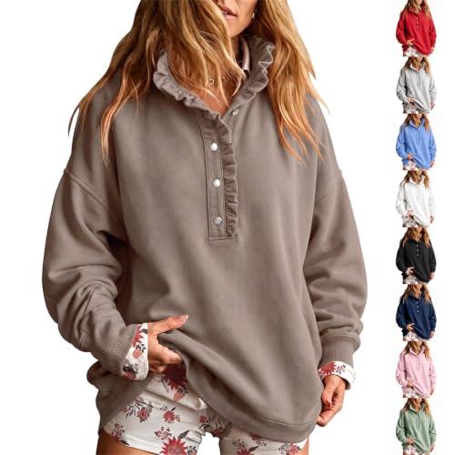 Mock Neck Sweatshirt Women Oversized Fall Ruffle Henley Sweater Pullover