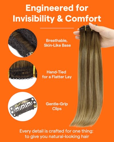 Image of Full Shine Real Hair Extensions Clip in Human Hair, 14 Inch 3 Pcs 60g | Medium Brown to Caramel Blonde Balayage, Clip in Hair Extensions, Lightweight Feel, for Women