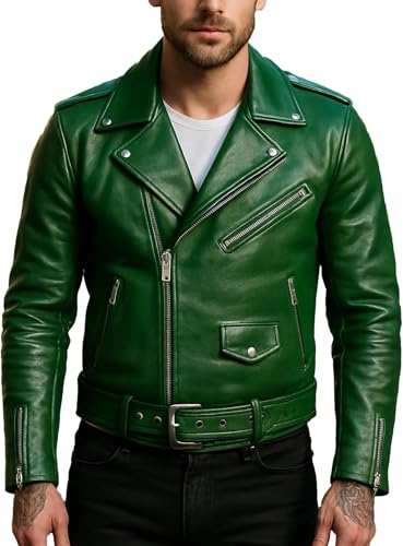 Prime-Fashion Mens Classic Motorcycle Rider Green Biker Leather Jacket, XX-Large