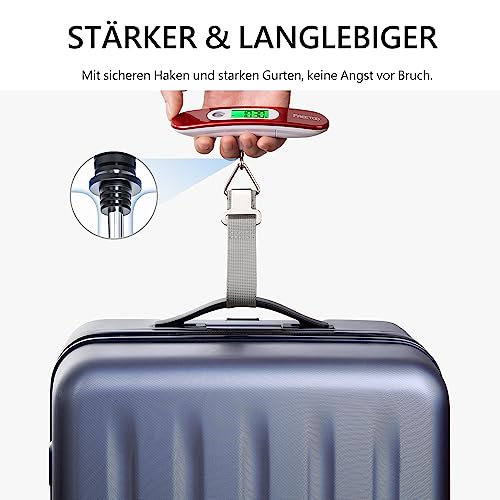 [Digitale Kofferwaage] FREETOO Gepäckwaage tragbare Hängewaage LCD-Anzeige mit Hintergrundbeleuchtung Tara-Funktion praktisch für Reisen/Familienleben bis 50KG (Rot) 5
