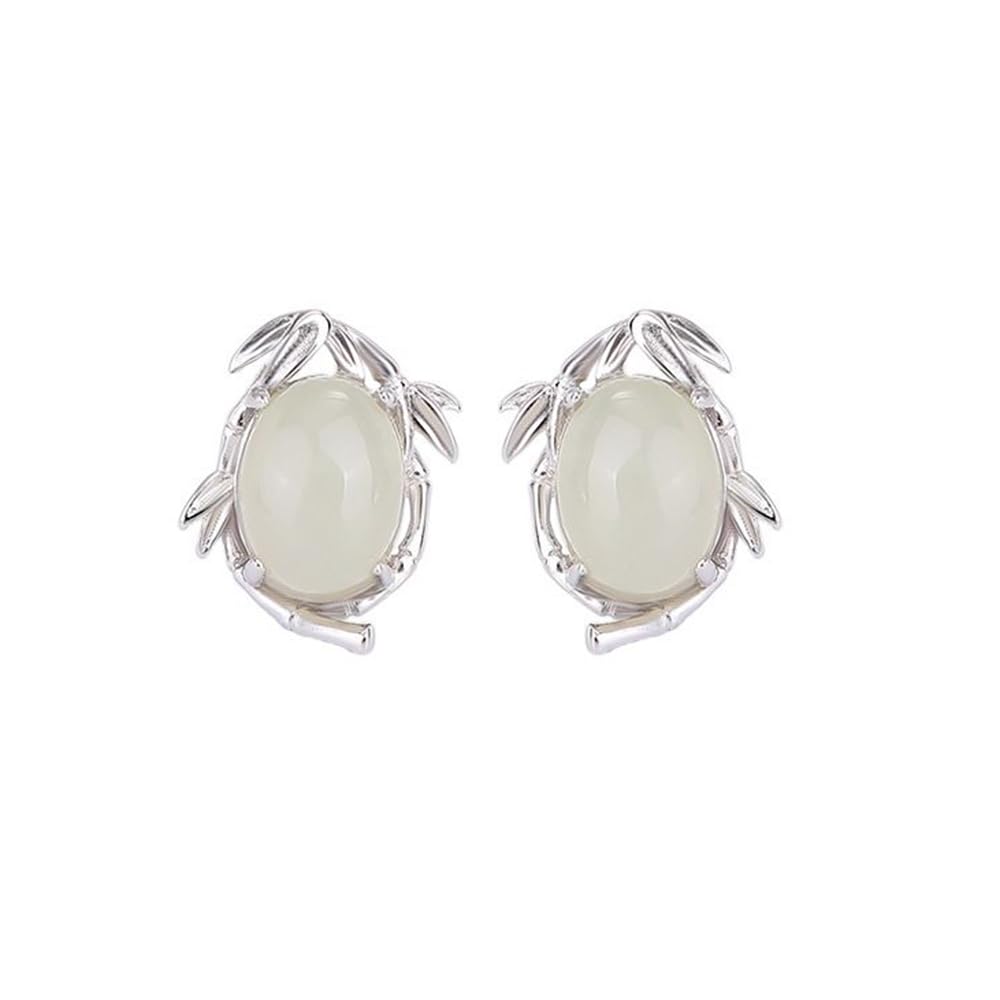 Pendientes de tuerca de plata S925 con incrustaciones de hoja de bambú de jade blanco natural para mujer, Large, Jade, Sin piedra preciosa