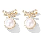 14k Gold Ribbon Bow Stud Earrings for Women cubic zirconia Dainty Gold Plated Pearl Earring for Women Jewelry (gold)