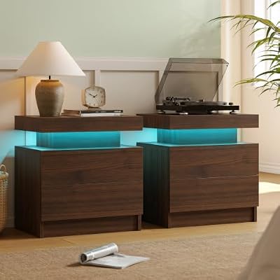 Cubehom Nightstands Set of 2, Bedside Tables with LED Lights, Night Stands with 2 Wood Drawers, End Tables Set of 2 for Bedroom