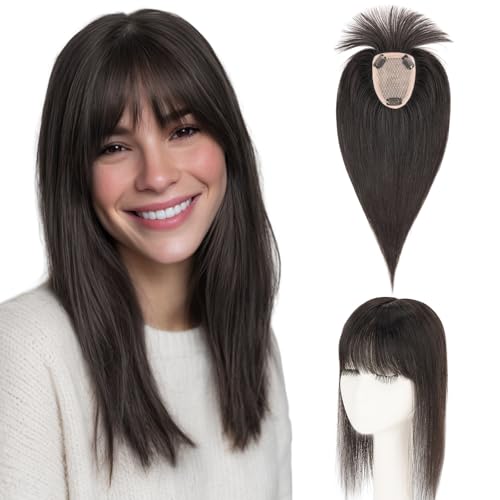 Hairro Human Hair Toppers with Wispy Bangs, 3.5x4.7" Hand-wovened Base