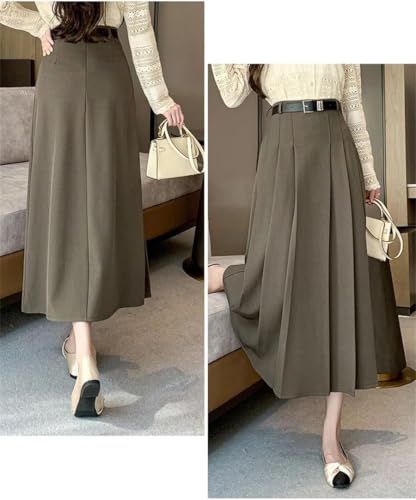 Women's Vintage Pleated Midi Skirt High Waist Solid A Line Loose Office Casual Skirt2