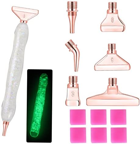 Diamond Painting Pen Accessories Tools Set,1PCS Luminous Diamond Art Pen and 6Pcs Rose Gold Metal Screw Thread Multi Placer Tips,Diamond Painting Drill Pens for DIY Diamond Art