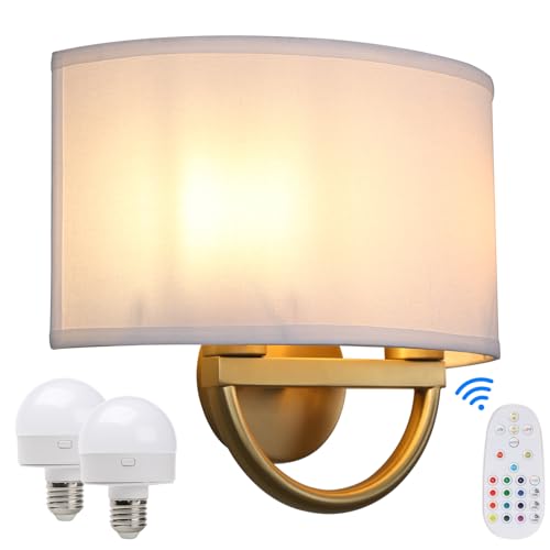 Buyee Rechargeable Battery Operated Wall Light Wireless Dimmable Wall Lamp Semicircle Fabric Shade Sconce 2-Light Wall Lighting Fixture with Remote Control and Bulbs for Bedroom Living Room (White)