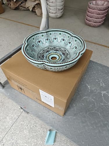 1 ganzer Satz Art Hellblaues Keramik-Aufsatzwaschchale mit Blumendesign und goldenem Wasserhahn und Ablaufgarnitur Pop-up für Badezimmer-Waschschüsseln