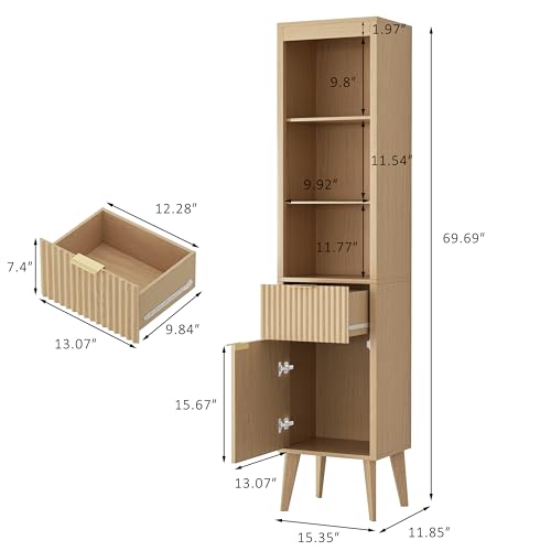 Image of 70 inch H Tall Storage Cabinet, Fluted Freestanding Floor Organizer for Bathroom, Kitchen Pantry, Utility Room, w /Drawer & Adjustable Shelves, Modern Accent in Natural Wood