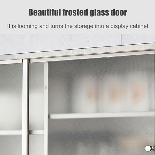 Modern Stainless Steel Pantry Cabinet with 2 Sliding Doors, Adjustable Shelves, Over Toilet Storage, Floating Utility Cabinet for Garage & Office, Stylish Wall Organizer