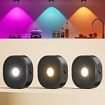 Rechargeable RGB Puck Lights with Remote,13 Colors Under Cabinet Lighting Wireless, 1500mAh LED Push Lights Stick on with Timer Function, Dimmable Tap Lights for Under Cabinets,Kitchen,Closet (3 Pack)