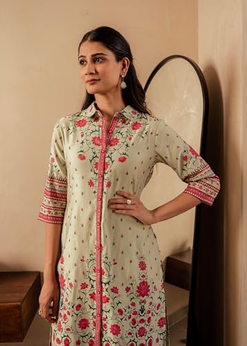 Image of Juniper Sage Green Floral Printed Viscose Kurta with Button Detailing