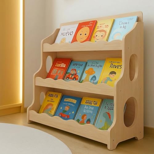 Image of AMMEHOELA Kids Bookshelf Wooden Montessori Book Shelf Dutch Design 3Tier Scalloped,NaturalMapleWood GrainPattern