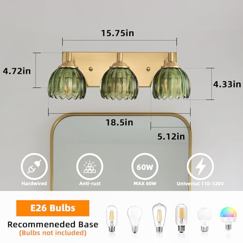 Image of Bathroom Vanity Light Fixtures, 3-Light Brushed Gold Bathroom Light Fixtures Over Mirror, Antique Wall Lights with Green Glass Tulip Light Shade for Mirror, Kitchen, Hallway, Cabinet, Porch