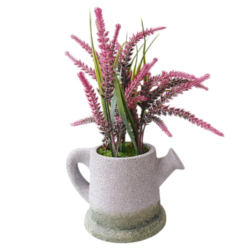 Image of Garden Art Artificial Heather Flower Spray in Shaded Watering Can Planter - Rustic Faux Floral Tabletop Centerpiece for Home, Office, Shelf & Desk Decor (P-0130Pink)