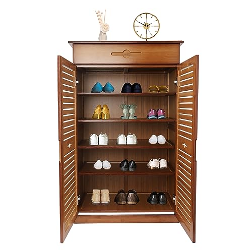 WUSILILU 5 Tier Shoe Cabinet with Drawer, Bamboo Shoe Cabinet Organizer with Door, Retro Entryway Shoe Storage Cabinet for Closet, Living Room, Bedroom, Hallway, Doorway