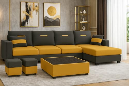 Image of CASASTYLE Dreamon 8 Seater Fabric RHS L Shape Sofa Set with 1 Centre Table & 2 Puffy (Yellow-Dark Grey) | Velvet Finish | Comfortable Sectional Sofa for Living Room