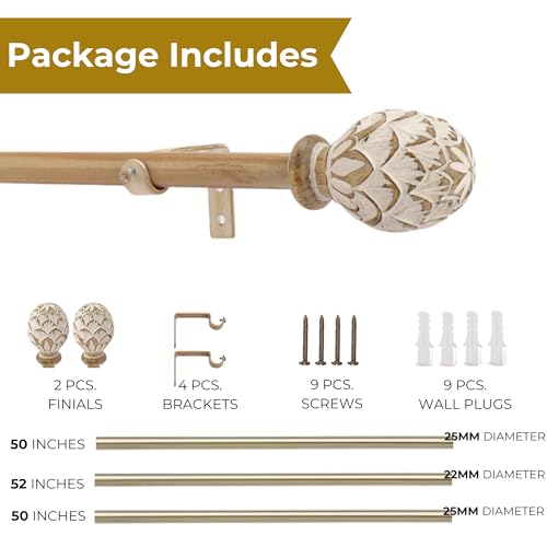 Image of The Decor Mart 52 inch to 144 inch Extendable Curtain Rod |1 inch Curtain Rods for Door & Windows Adjustable Iron Telescopic Drapery Bar with Wooden Finials | Wooden Finish