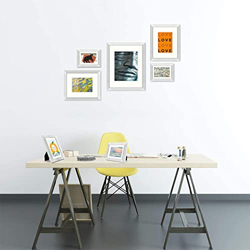 Frametory, Gallery Wall Frame Set Of 7 Multiple Sizes 11X14, 8X10, 5X7 Picture Frame Collage With Ivory Color Mat For Prints, With Real Glass (Silver) #TOP2