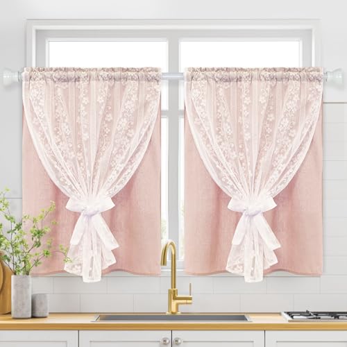 ASPMIZ Linen Pink Kitchen Tier Curtains 36 Inch Length, Double Layered Kitchen Curtain with Linen and Lace, Rod Pocket Window Curtains with Tiebacks, Boho Window Treatments for Bathroom Cafe, 2 Panel by ASPMIZ - Used condition - US$16.32