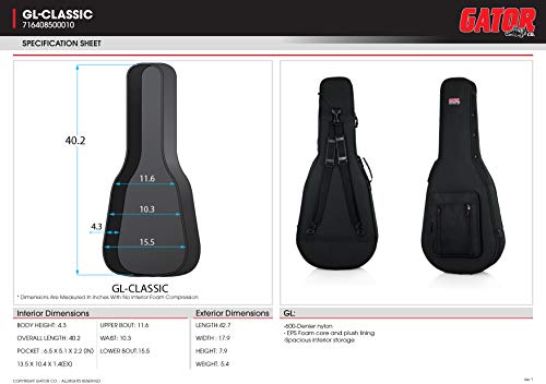 Gator Cases GL-Classic Gitarrenkoffer – Leichter Hybrid-Koffer für Klassische Akustikgitarren, robuster Schutz mit Tragegriff & Zubehörfach – Schwarz (GL-Classic)