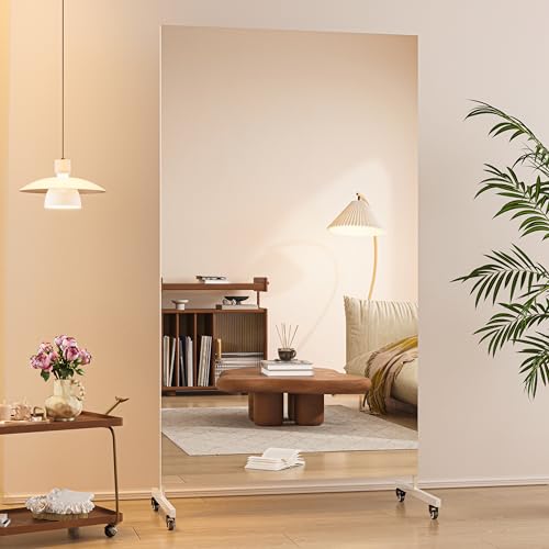 Hasipu Home Gym Mirror 360° Swivel on Wheels, 67" x 40" Extra Large Full Body Rolling Mirror, Tempered Glass Easy to Move Full Length Mirror for Yoga Studio, Bedroom, Dancing Studio, White