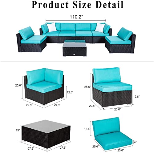 Kinfant Patio Furniture Set Outdoor Sectional Sofa PE Rattan Wicker Conversation Set with Glass Table and Cushions for Porch Balcony Garden Poolside (Turquoise, 7 Pcs)