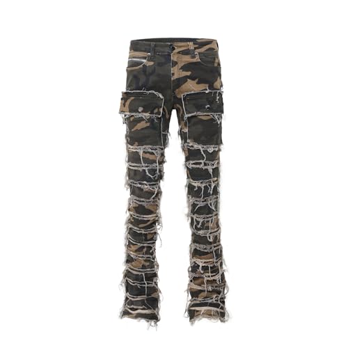Men's Trendy Camouflage Stacked Splicing Elastic Mid Waist Workwear Pocket Jeans
