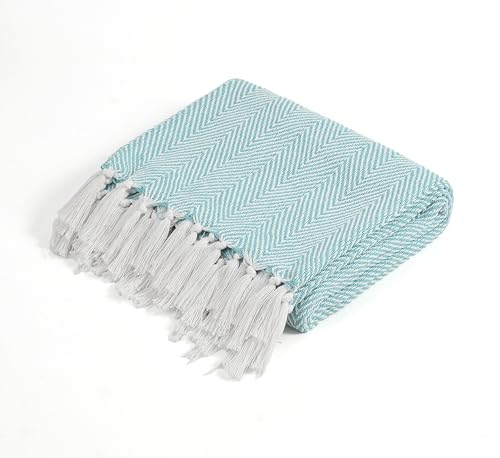 Image of Sky Blue Chevron Cotton Throw Blanket for Sofa & Bed | Soft Lightweight Textured Couch Throw with Tassels | Decorative Zig Zag Pattern (125x150 cm)