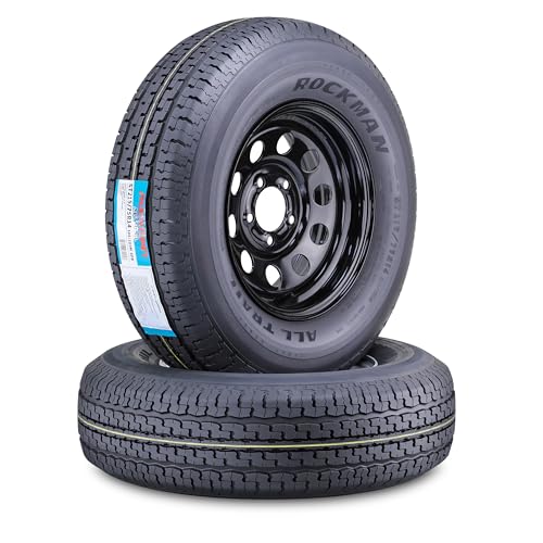 ROCKMAN Trailer Tire Wheel Assembly ST205/75R15 10-Ply E 111M Heavy Duty 2400lbs w/5 Lug on 5 PCD Black Mod Rim SET 2