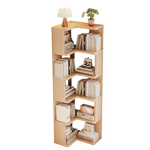 JFOZDM 5 Niveles Estantería Esquinera, Madera Libreria Estanteria, Estanterias para Libros, Ahorra Espacio, Estantería en Forma de L para Sala de Estar, Dormitorio, Oficina, Color de la Madera