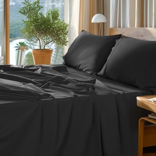Image of SONORO KATE 1000 Series 100% Egyptian Cotton King Sheet Set,4 Pieces | Soft,Breathable Long Staple,Sateen Weave,Luxury 5-Star Hotel Bed Sheets,16 inch Deep Pocket,Black