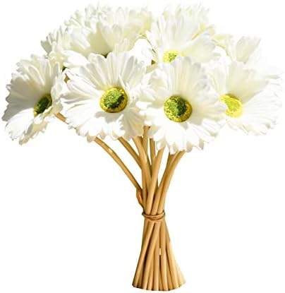 Mandy's 12pcs White Flowers Artificial Gerbera Daisies Silk Flowers 15" for Home Kitchen Wedding Decorations