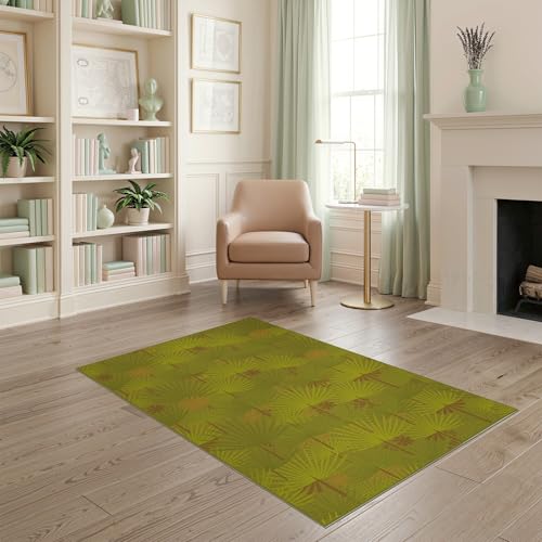 ODIKA 4'x6' Washable Flatwoven Rug, Moss Green Retro Leaf Easy Care Throw Carpet Stain Resistant Low Profile Floor Covering for Dorm Room, Small Living Room, Apartment | Ref:1992961