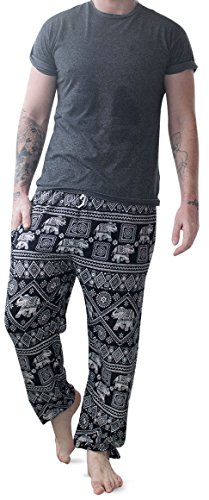 Mens Thai Yoga Pants - Traditional Baggy Rayon Harem Trousers - Casual Martial Arts, Gym, Festival & Lounge Wear with Drawstring Waist & Classic Hippy Elephant Design (Black)
