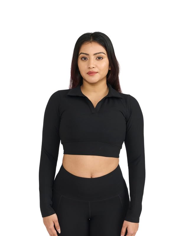 hunnit Polo Neck Crop Top with Built-in Bra for Women | Active Wear Crop Top for Women Gym | Crop Top for Workout | Sports Crop Top for Women | Polo Neck Top for Women |Crop Top Full Sleeves-picture-50