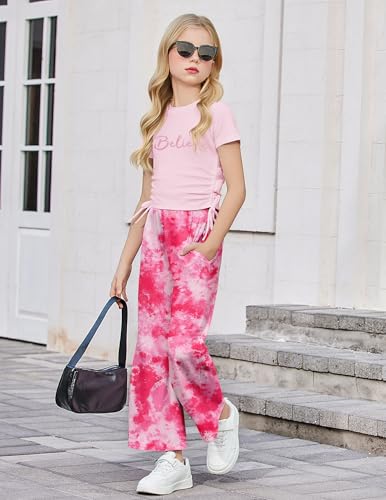 Image of Arshiner Girls 2 Piece Outfit Ruched Drawstring Tops and Wide Leg Pants Set