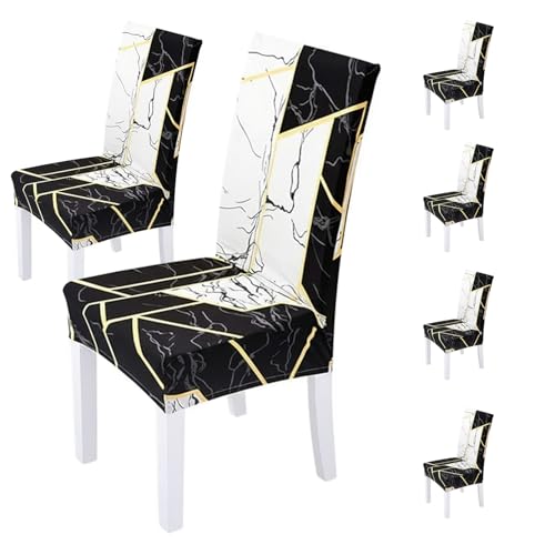 Image of House of Quirk Elastic Chair Cover Stretch Removable Washable Short Dining Chair Cover Protector Seat Slipcover (Pack of 6, Z Black Marble)