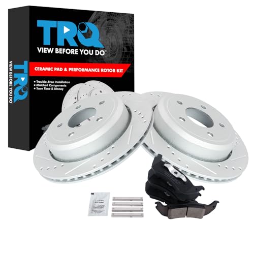 Image of TRQ Performance Rear Brake Pad and Rotor Set Ceramic Drilled Slotted G Coated Rotors Compatible with 2005-2011 Ford Crown Victoria 2005-2011 Mercury Grand Marquis
