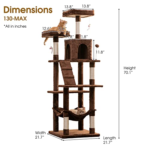 Mwpo 70.1-Inch Large Cat Tree, Multi-Level Tall Cat Tower For Indoor Cats, Plush Cat Condo With Big Padded Perches, Sisal-Covered Scratching Posts, Hammock, Toys For Kittens & Cats - Brown #TOP5