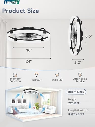 LEDIARY 24" Ceiling Fans with Lights and Remote, Modern Low Profile Ceiling Fan, 3 CCT, Stepless Dimmable, Fandelier Flush Mount Fan Light, 6 Speeds, DC Motor, App & Remote Control for Bedroom(Black) thumbnail 7