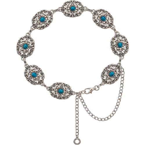 COSUCOS Western Silver Chain Belt for Women, Blue Turquoise Cowgirl Waist