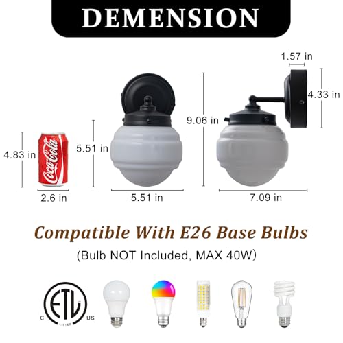 Image of Wall Sconces Set of 2 for Bathroom Black Vanity Light Fixture Modern wall lamp with White Glass for Bedroom Living Room Hallway Mirror Kitchen (Hardwired, E26)