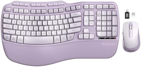 Purple Ergonomic Wireless Keyboard and Mouse Combo, Sablute 2.4G Full Size Ergo Wave Key Board with Cushioned Plam Rest, Natural Typing, 3 DPI Adjustable Silent Mouse for Computer/Laptop/Windows/Mac