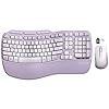 Combo de teclado y mouse inalámbricos ergonómicos morados, Sablute 2.4G de tamaño completo Ergo Wave Key Board con soporte acolchado Plam, escritura natural, mouse silencioso ajustable de 3 DPI para