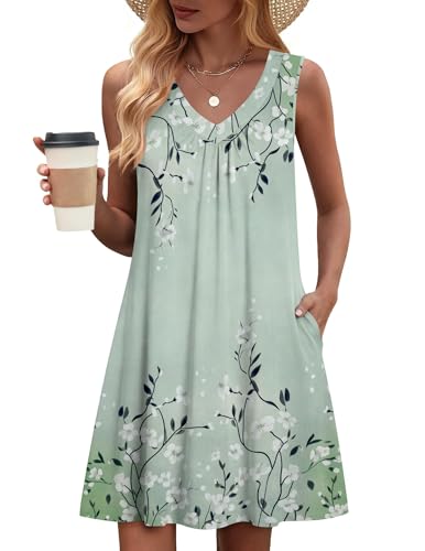 Image of Zeagoo Summer Dresses for Women 2026 Sleeveless Dress V Neck Tank Dress Pleated Floral Tshirt Sundresses with Pockets