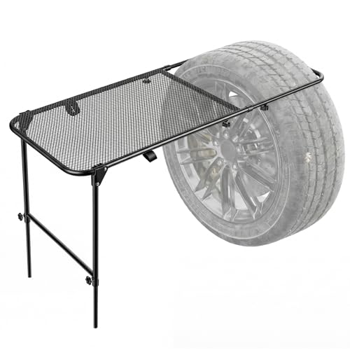newuzis Tire Mounted Steel Camping Table Desk, Adjustable Height Steel Folding Desk for Car Camping Picnic Camp Outdoor Cooking BBQ, No Tool Required Installation Black