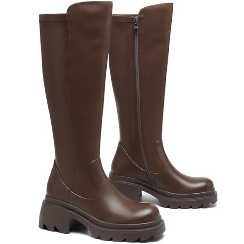 AIUNIID Women's Knee High Boots Low Heel Platform Lug Sole Boots Round Toe Side Zippe Tall boots Comfortable Stretch Calf Dress Long Boots3