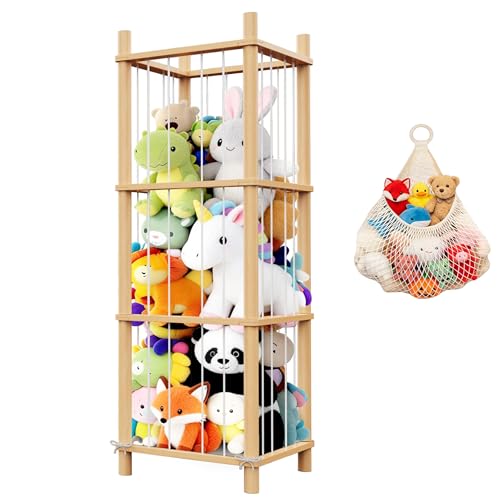 Image of Stuffed Animal Storage & Toy Organizer 3 Layers 54 in Wooden Toy Holder | Large Natural Pine Plushies with Elastic Bands & Mesh Net Space aving Design for Toddler Rooms, Playrooms & Bedrooms